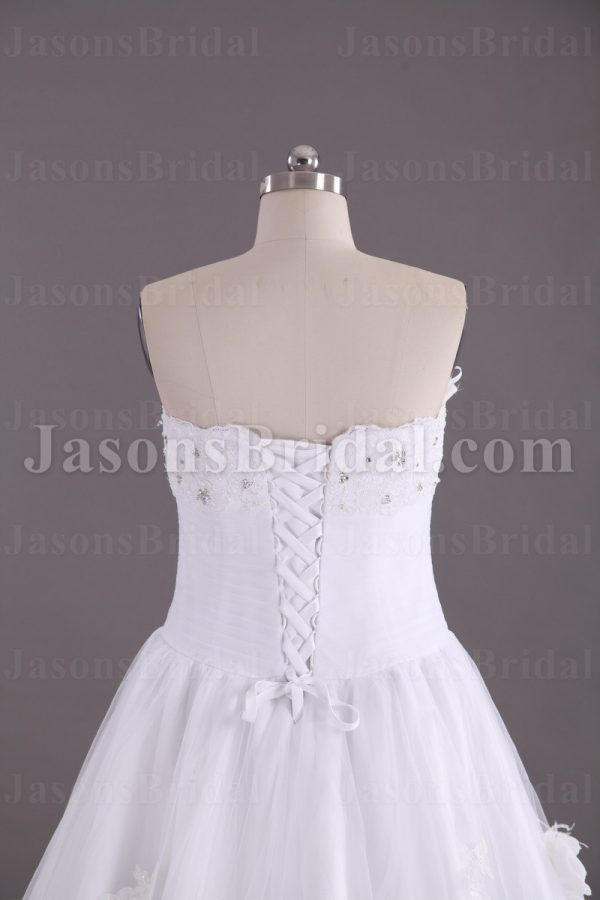 A-line Scalloped Strapless Beaded Appliques Jeweled Ruched Adorned Flowers Chapel Train Organza over Satin Wedding Dresses