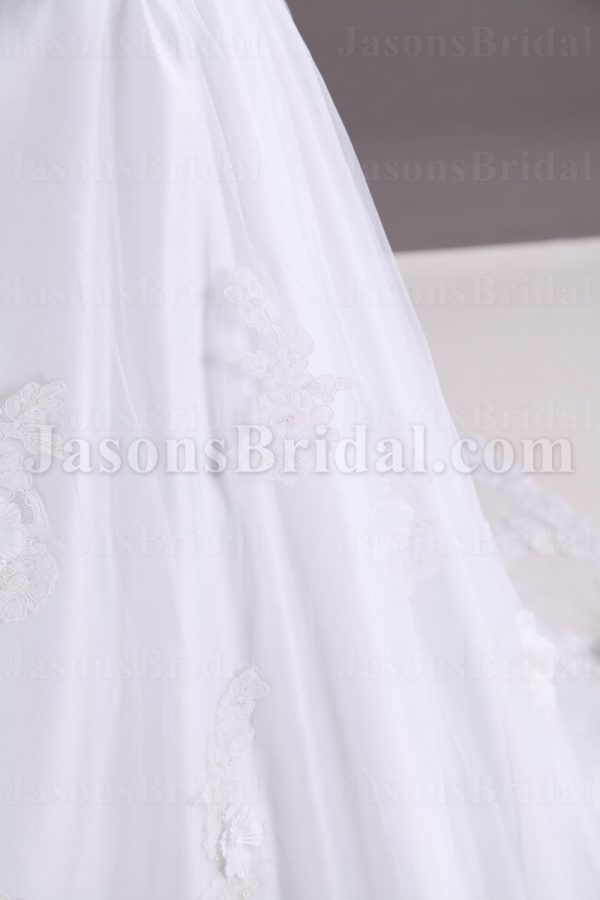 A-line Scalloped Strapless Beaded Appliques Jeweled Ruched Adorned Flowers Chapel Train Organza over Satin Wedding Dresses