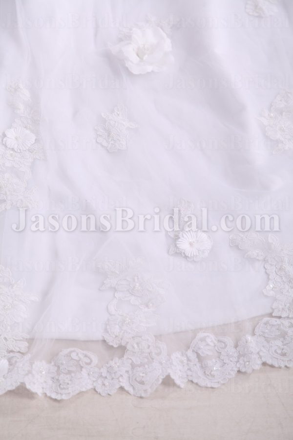 A-line Scalloped Strapless Beaded Appliques Jeweled Ruched Adorned Flowers Chapel Train Organza over Satin Wedding Dresses