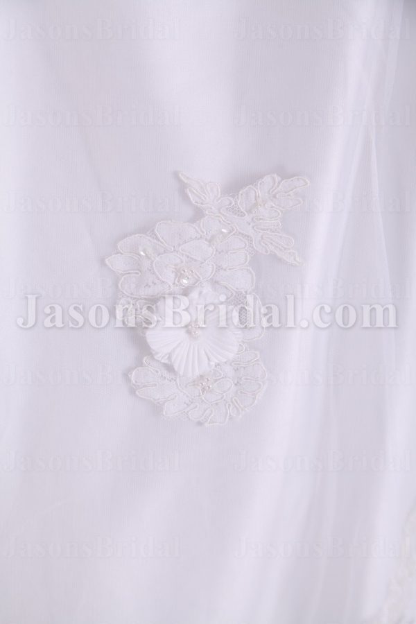 A-line Scalloped Strapless Beaded Appliques Jeweled Ruched Adorned Flowers Chapel Train Organza over Satin Wedding Dresses