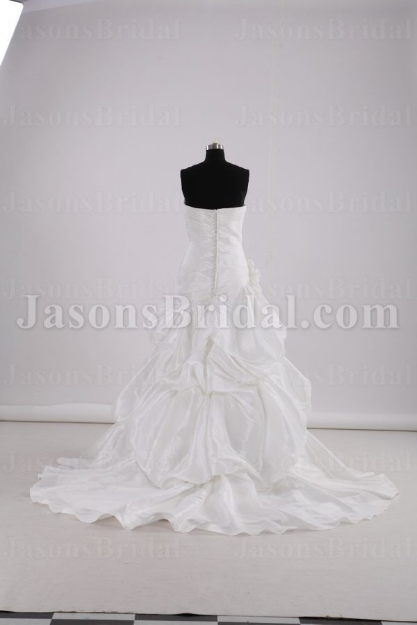 Fit-and-Flare Sweetheart Asymmetrical Ruched Adorned Flower Strapless Chapel Train Bustled Taffeta Wedding Dresses