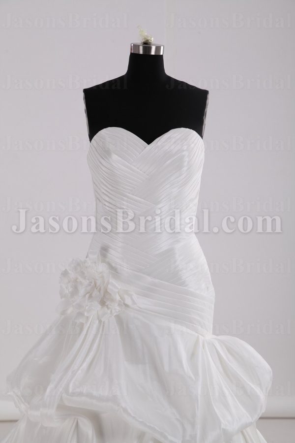 Fit-and-Flare Sweetheart Asymmetrical Ruched Adorned Flower Strapless Chapel Train Bustled Taffeta Wedding Dresses