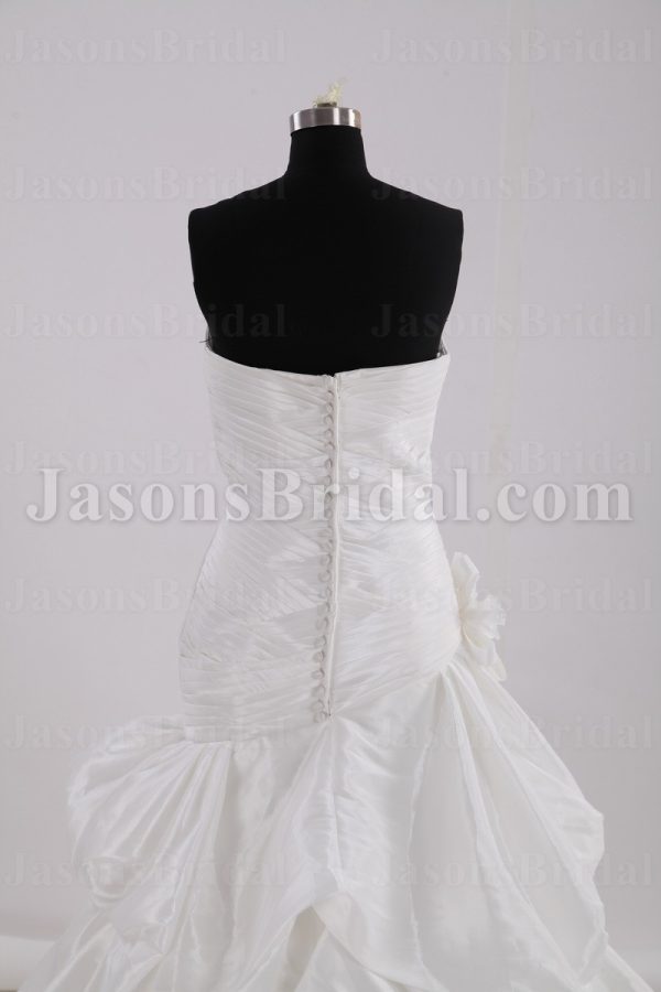 Fit-and-Flare Sweetheart Asymmetrical Ruched Adorned Flower Strapless Chapel Train Bustled Taffeta Wedding Dresses