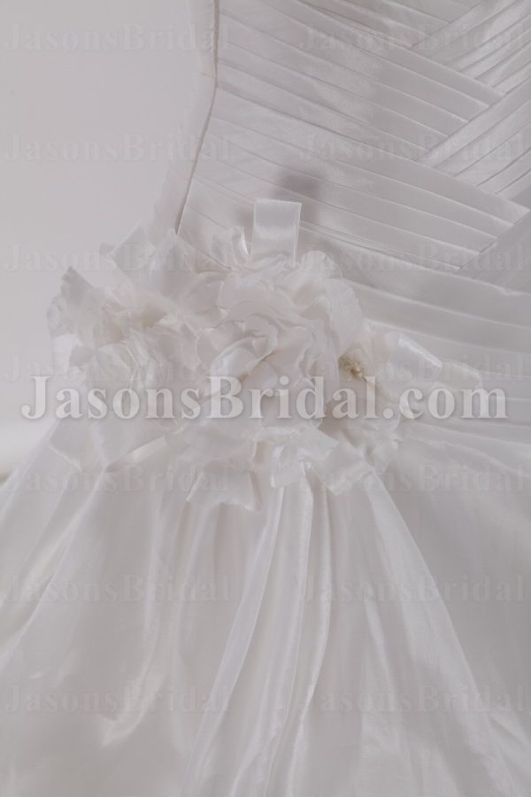 Fit-and-Flare Sweetheart Asymmetrical Ruched Adorned Flower Strapless Chapel Train Bustled Taffeta Wedding Dresses