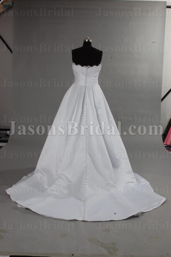 A-line Scalloped Strapless Beaded Appliques Jeweled Ruched Belt Chapel Train Pleated Satin Wedding Dresses