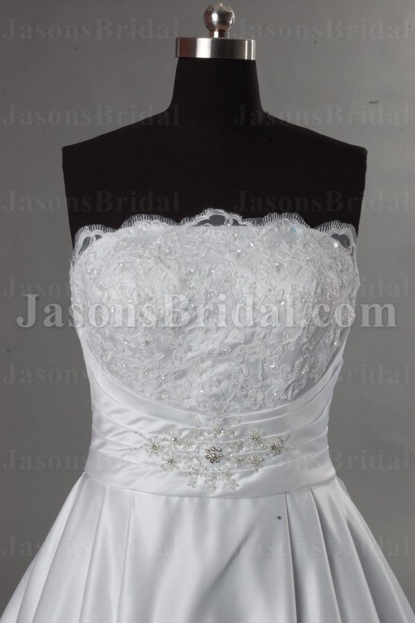 A-line Scalloped Strapless Beaded Appliques Jeweled Ruched Belt Chapel Train Pleated Satin Wedding Dresses