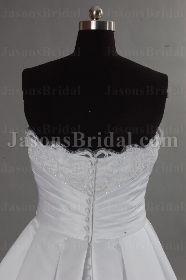 A-line Scalloped Strapless Beaded Appliques Jeweled Ruched Belt Chapel Train Pleated Satin Wedding Dresses