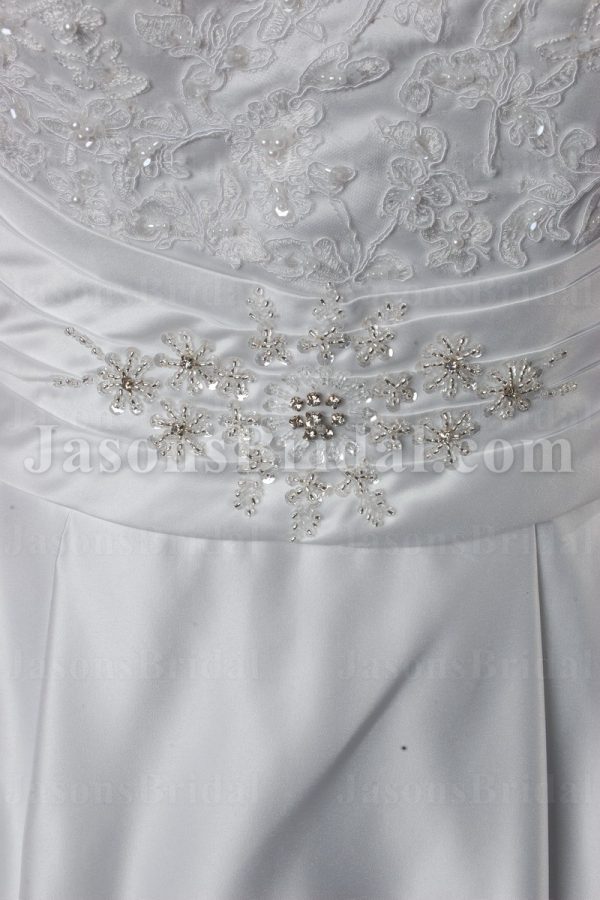 A-line Scalloped Strapless Beaded Appliques Jeweled Ruched Belt Chapel Train Pleated Satin Wedding Dresses