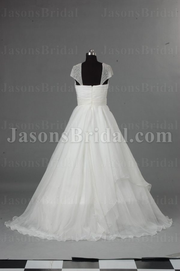 A-line Beaded Cap Sleeves Sweetheart Ruched Bodice Floor Length Draped Organza Wedding Dresses