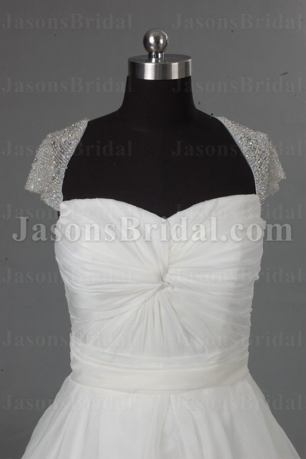 A-line Beaded Cap Sleeves Sweetheart Ruched Bodice Floor Length Draped Organza Wedding Dresses