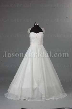 A-line Beaded Cap Sleeves Sweetheart Ruched Bodice Floor Length Draped Organza Wedding Dresses