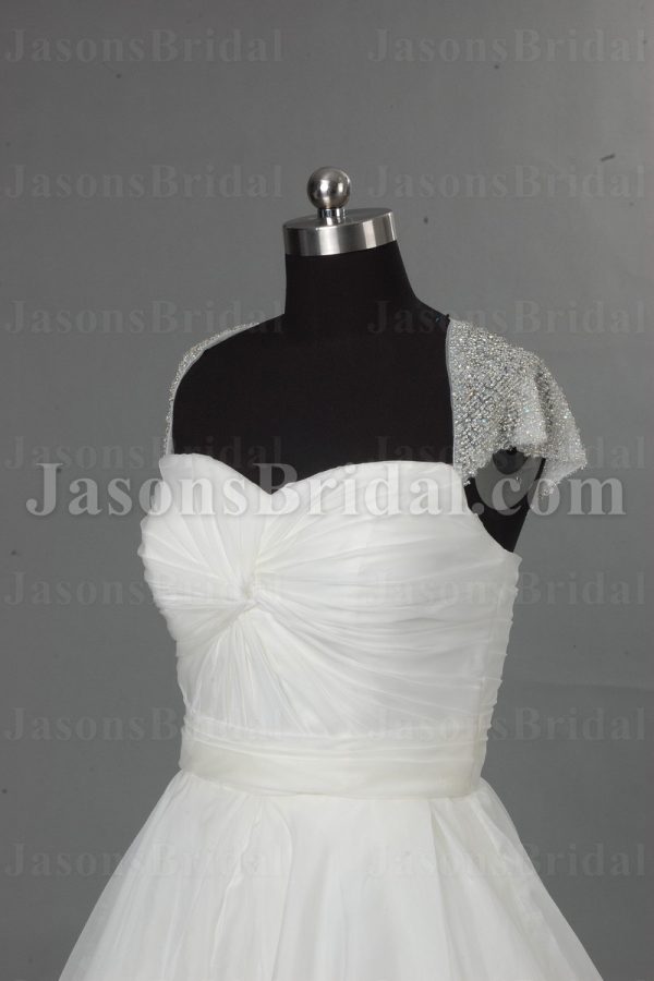 A-line Beaded Cap Sleeves Sweetheart Ruched Bodice Floor Length Draped Organza Wedding Dresses