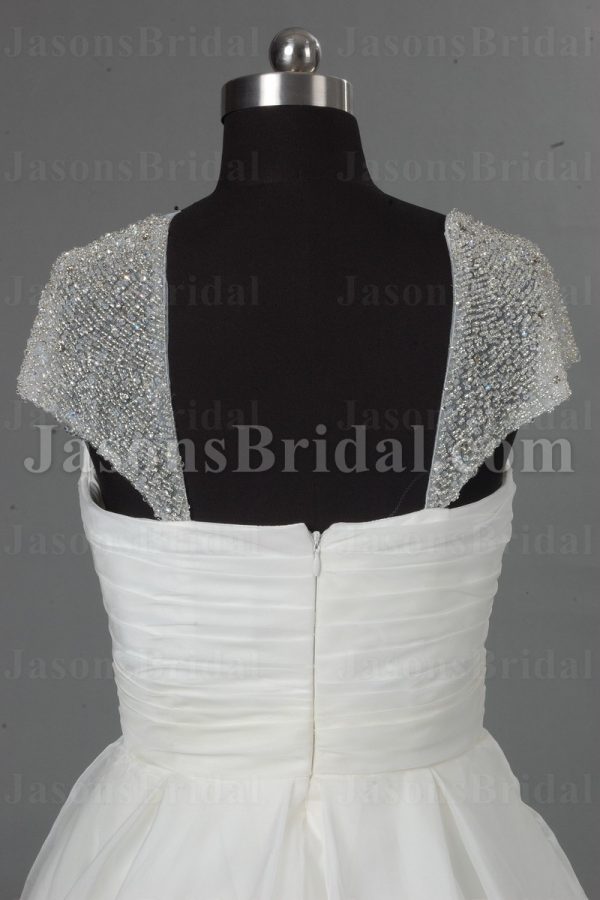 A-line Beaded Cap Sleeves Sweetheart Ruched Bodice Floor Length Draped Organza Wedding Dresses