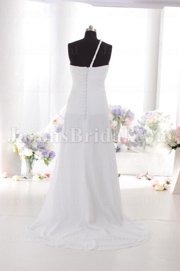 Empire Spaghetti One-shoulder Ruched Bodice Jeweled Sweep Train Chiffon Wedding Dresses