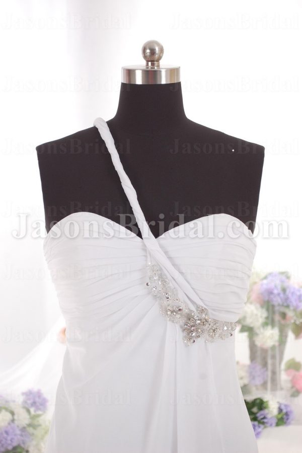 Empire Spaghetti One-shoulder Ruched Bodice Jeweled Sweep Train Chiffon Wedding Dresses