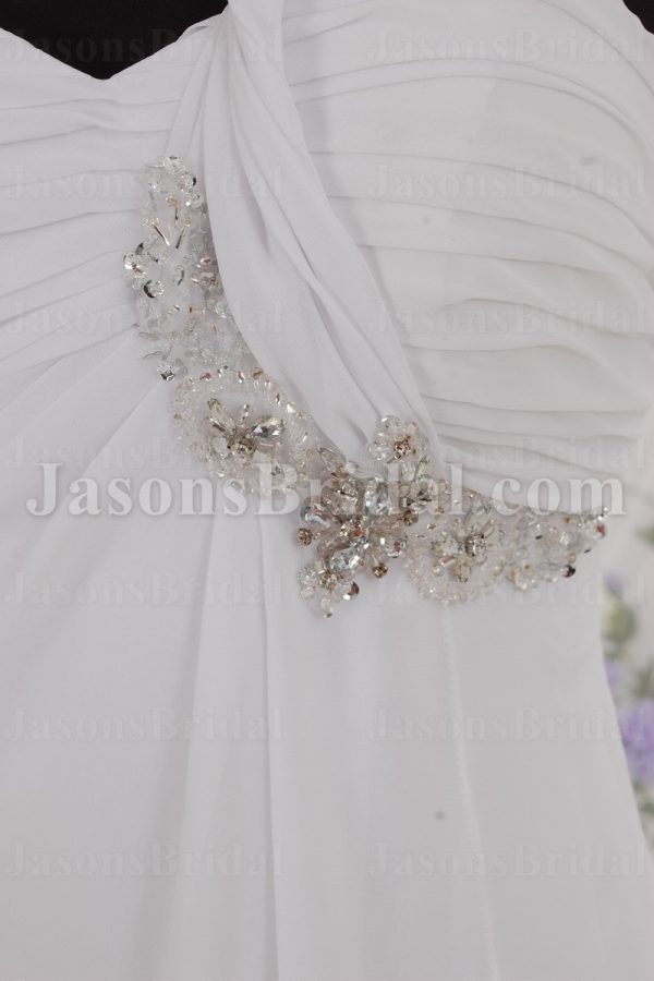 Empire Spaghetti One-shoulder Ruched Bodice Jeweled Sweep Train Chiffon Wedding Dresses