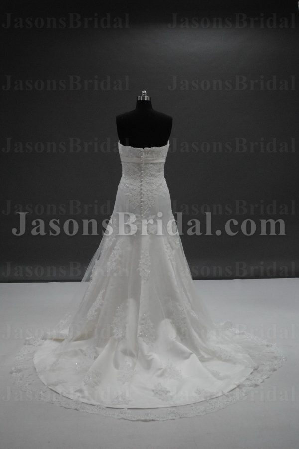 Fit-and-Flare Scalloped Strapless Beaded Allover Appliques Ribbon Sweep Train Lace Tulle over Satin Wedding Dresses