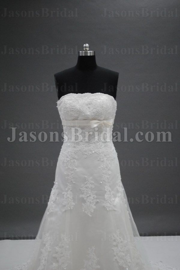 Fit-and-Flare Scalloped Strapless Beaded Allover Appliques Ribbon Sweep Train Lace Tulle over Satin Wedding Dresses