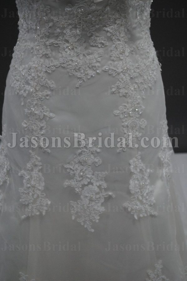 Fit-and-Flare Scalloped Strapless Beaded Allover Appliques Ribbon Sweep Train Lace Tulle over Satin Wedding Dresses