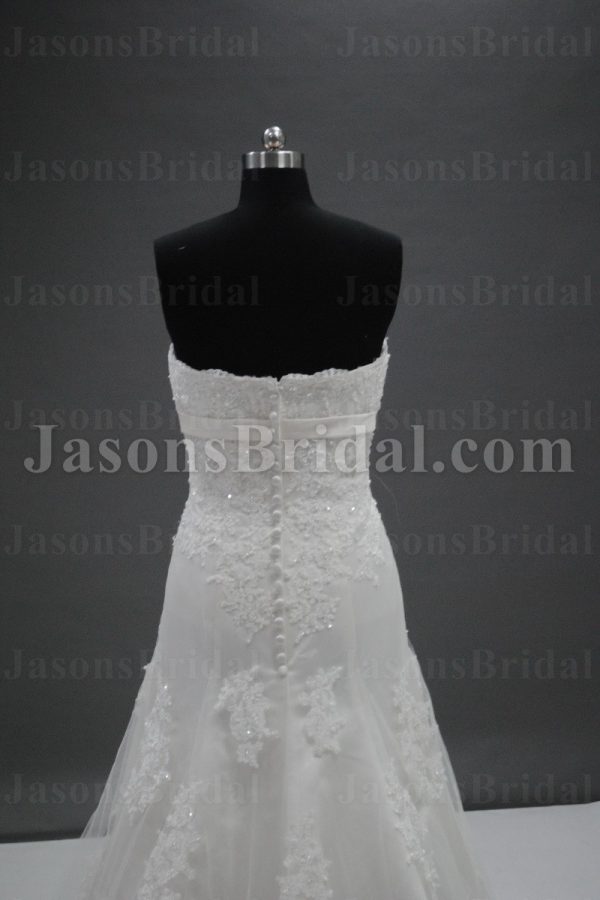 Fit-and-Flare Scalloped Strapless Beaded Allover Appliques Ribbon Sweep Train Lace Tulle over Satin Wedding Dresses