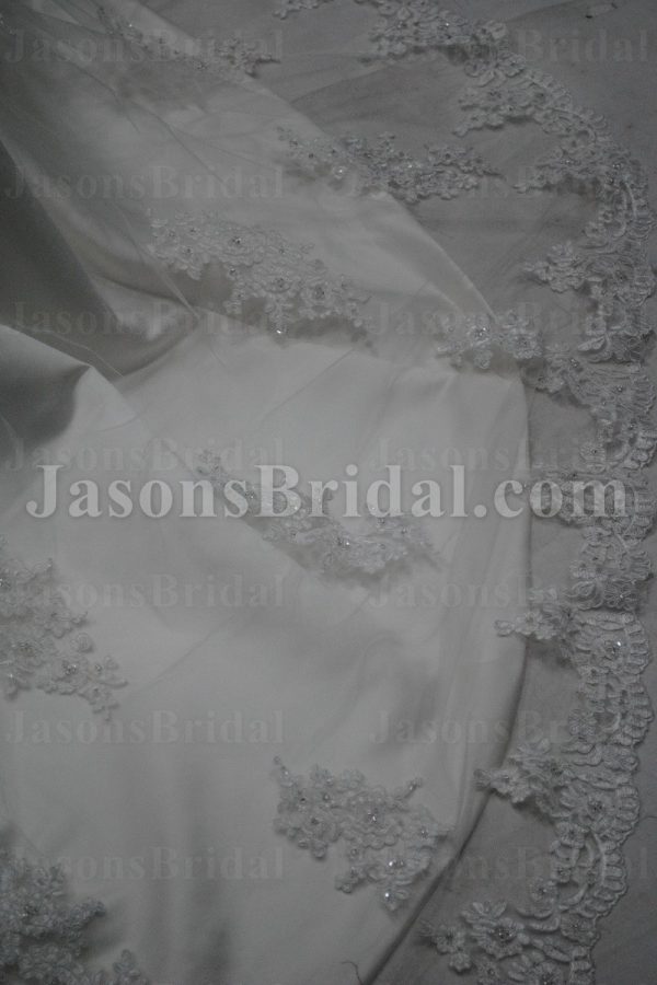 Fit-and-Flare Scalloped Strapless Beaded Allover Appliques Ribbon Sweep Train Lace Tulle over Satin Wedding Dresses
