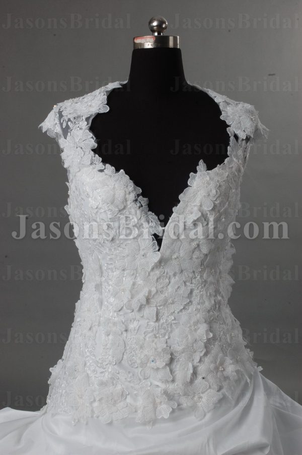 Stunning Ball Gown Queen Anne V-neck Allover Lace Adorned Flowers Chapel Train Draped Bustled Satin Wedding Dresses