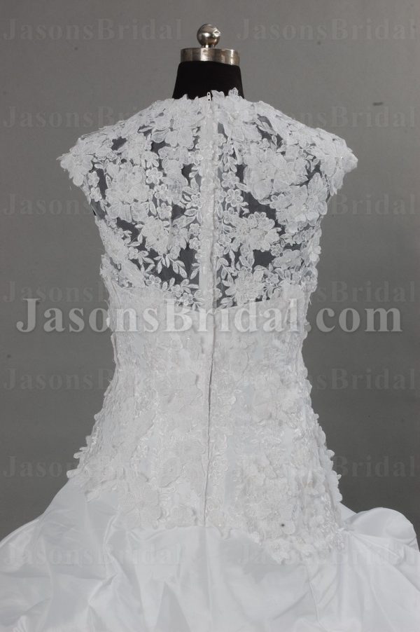 Stunning Ball Gown Queen Anne V-neck Allover Lace Adorned Flowers Chapel Train Draped Bustled Satin Wedding Dresses