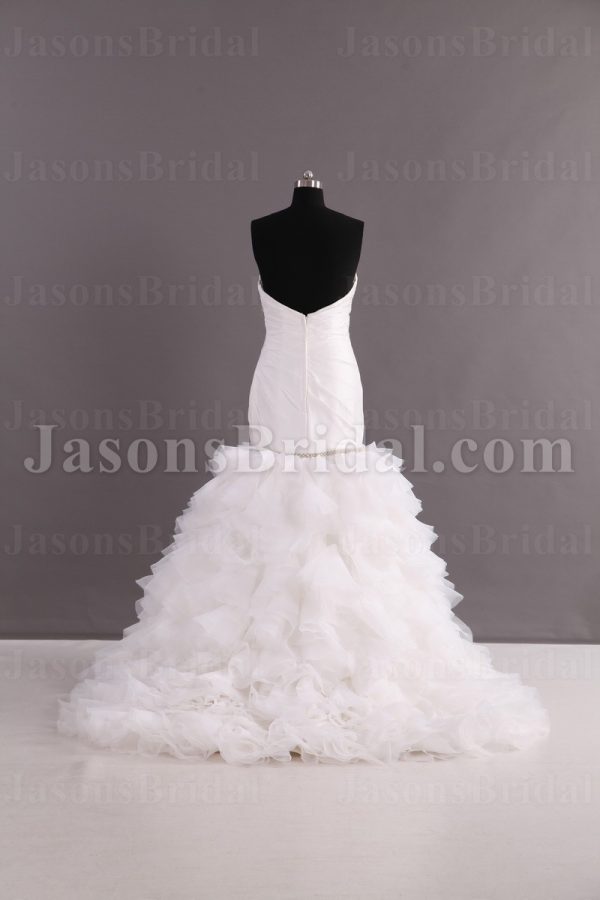 Trumpet Sweetheart Asymmetrical Ruched Jeweled Beaded Sweep Train Layered Ruffled Organza Wedding Dresses
