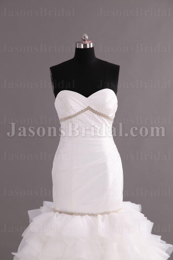 Trumpet Sweetheart Asymmetrical Ruched Jeweled Beaded Sweep Train Layered Ruffled Organza Wedding Dresses