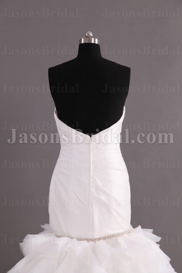 Trumpet Sweetheart Asymmetrical Ruched Jeweled Beaded Sweep Train Layered Ruffled Organza Wedding Dresses