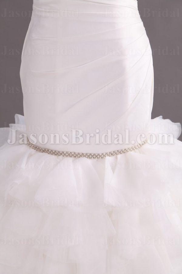 Trumpet Sweetheart Asymmetrical Ruched Jeweled Beaded Sweep Train Layered Ruffled Organza Wedding Dresses